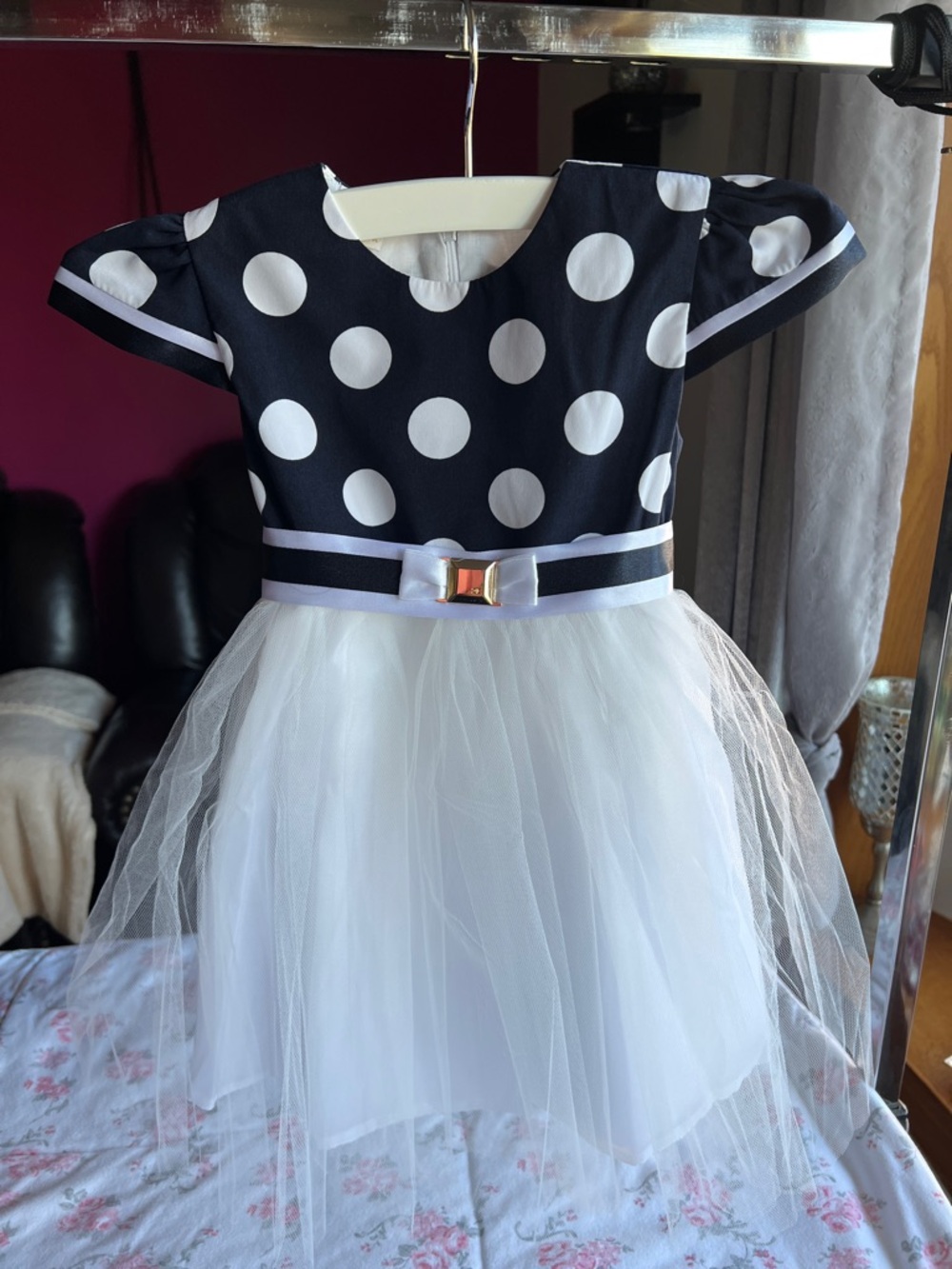Navy Polka Dot & White Tulle Kids Dance Long Dress